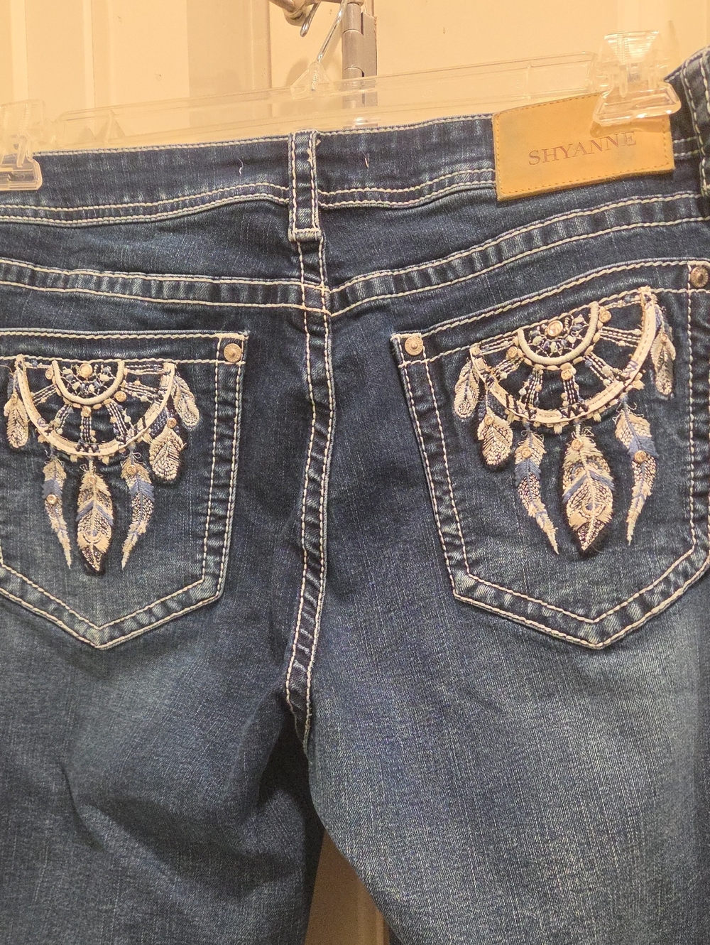 Shyanne Dark Blue Jeans with White Embroidered Dreamcatcher Pockets